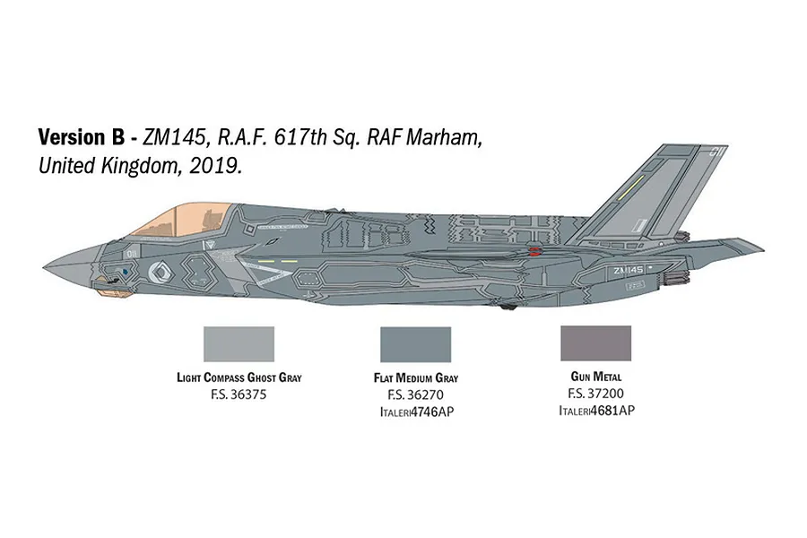Profile illustration of an F-35B fighter jet in Version B RAF livery, accompanied by recommended paint color swatches.
