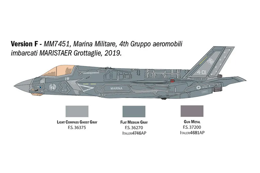 Colour scheme diagram for Italeri F-35B Lightning II showing Version F of the Marina Militare with paint swatches.