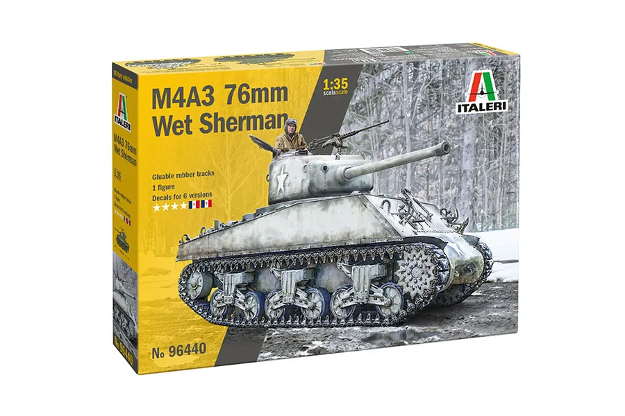 Italeri 1/35 scale M4A3 76mm Wet Sherman military tank model kit packaging box showing finished model artwork in a snowy woodland setting.