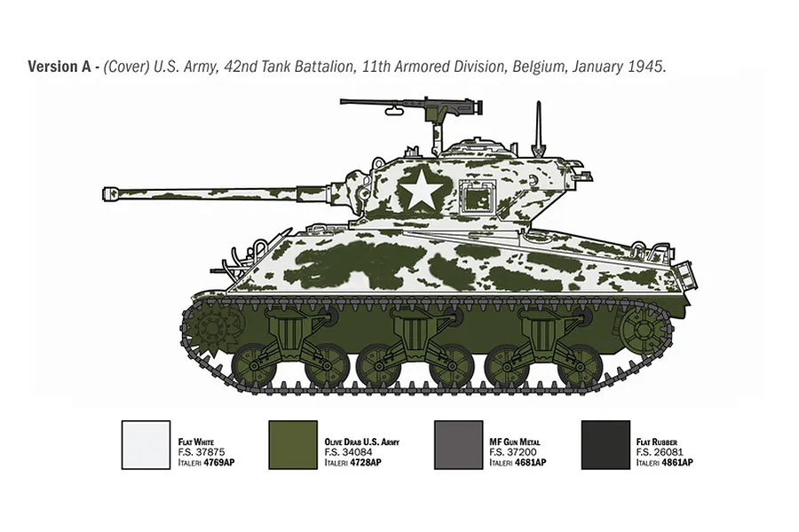 Illustration showing a profile view of a Sherman tank in winter camouflage with paint swatches below.