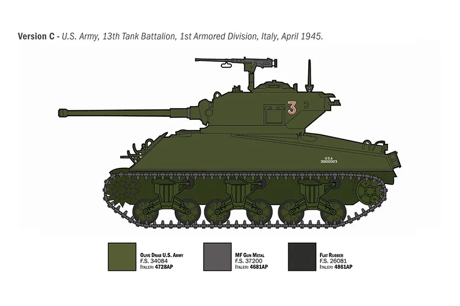 Colour profile diagram of Version C Sherman tank from the U.S. Army 13th Tank Battalion with paint guide.