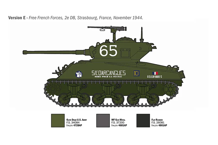 Colour and marking profile diagram for Version E Free French Forces Sherman tank from the Italeri model kit.