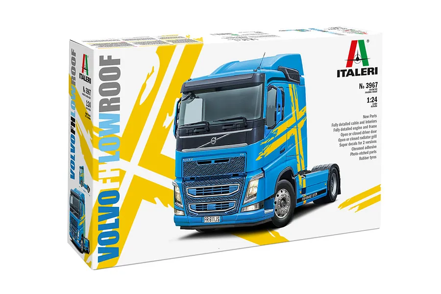 Packaging box for Italeri 1/24 Volvo FH Low Roof truck model kit showing an image of the blue truck against a white and yellow background.