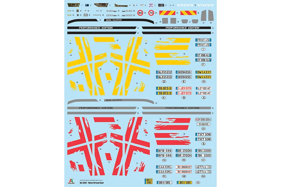 Water slide decal sheet for Italeri 1/24 Volvo FH Low Roof truck model kit featuring graphics and license plates.