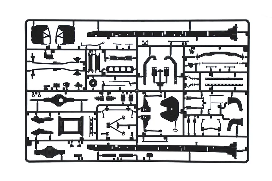 Black plastic model kit sprue featuring chassis rails, suspension components, and truck parts against a white background.