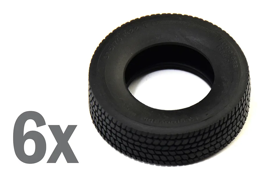 Single black rubber model truck tire with textured tread pattern and sidewall markings next to a 6x quantity graphic.