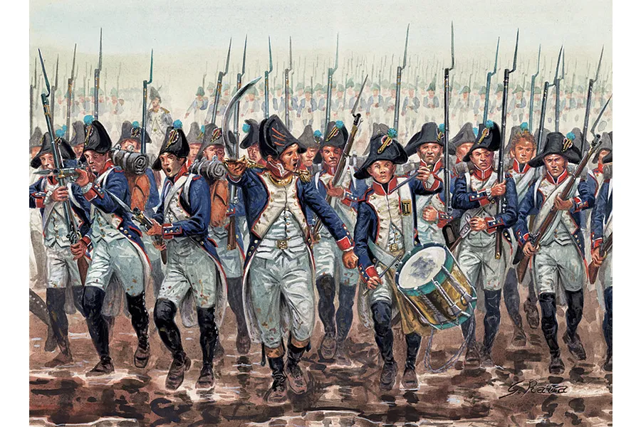 Artwork depicting a regiment of French infantry soldiers in historical uniform during the Napoleonic Wars, marching forward with muskets and a drum.