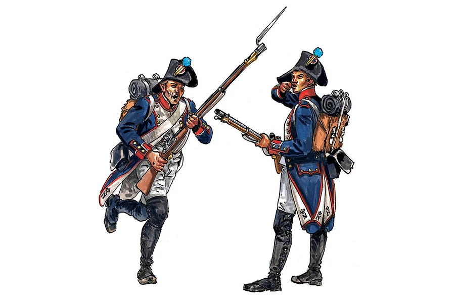 Illustrated artwork of two Napoleonic Wars French infantry soldiers in uniform with muskets against a white background.