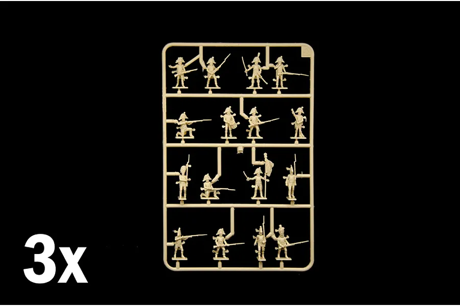 Plastic model kit sprue containing unpainted 1/72 scale Napoleonic Wars French infantry figures against a black background with a 3x multiplier symbol.