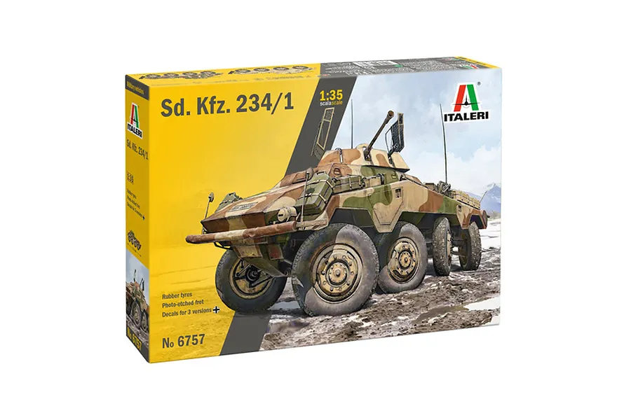 Product box for Italeri 1/35 scale Sd.Kfz. 234/1 armoured vehicle model kit featuring box art of the vehicle on a muddy track.