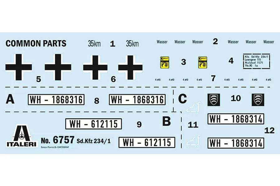 Water slide decal sheet for Italeri 1/35 Sd.Kfz. 234/1 armoured vehicle model kit featuring national insignia, license plates, and tactical markings.