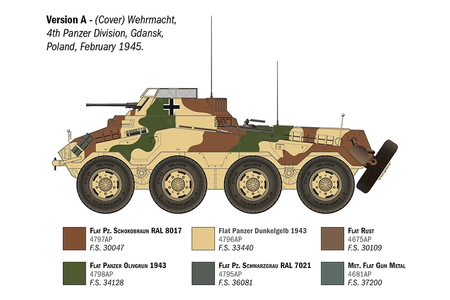 Profile illustration showing camouflage paint scheme version A for Italeri 1/35 Sd.Kfz. 234/1 armoured vehicle model kit with paint colour swatches.