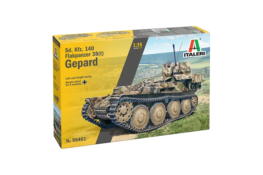 Italeri 1/35 scale Sd. Kfz. 140 Flakpanzer 38 Gepard plastic model kit box showing artwork of the tank.