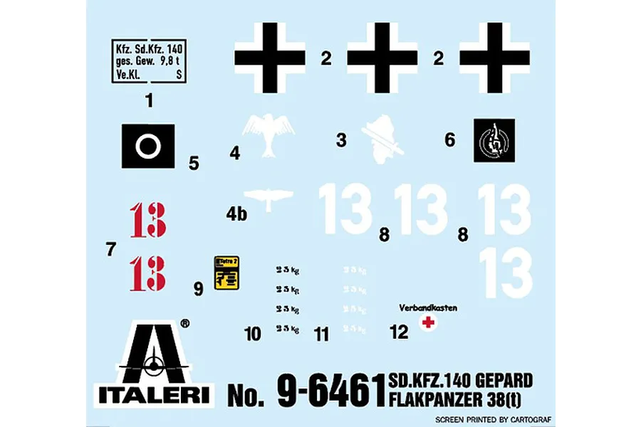 Water slide decal sheet for the Italeri 1/35 Sd. Kfz. 140 Flakpanzer 38 Gepard model kit, showing numbers, crosses, and insignia.