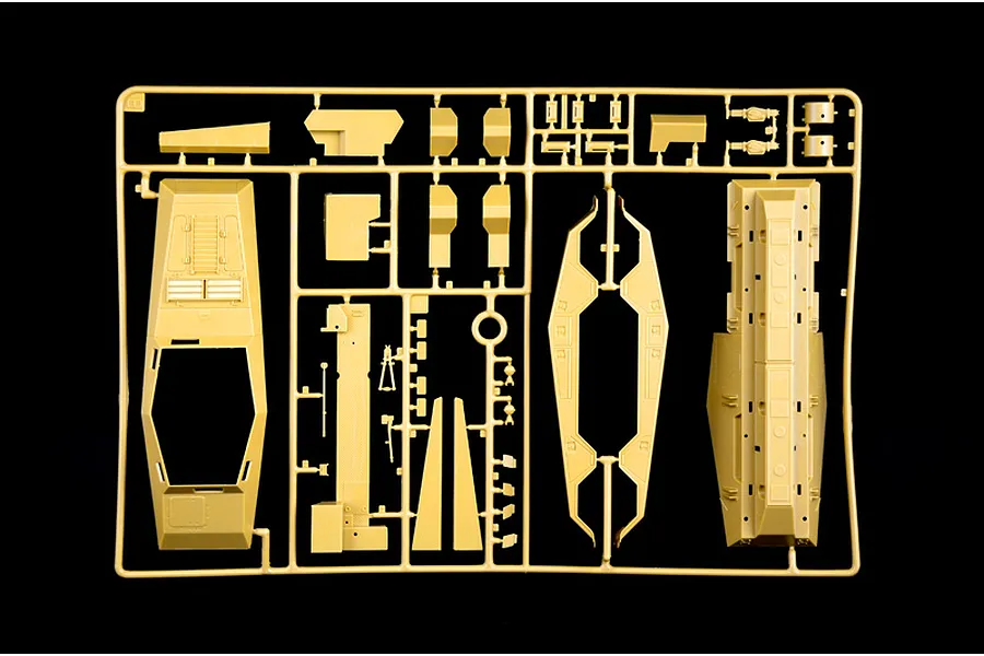 Tan plastic model kit sprue containing vehicle hull and interior parts for the Italeri Sd.Kfz. 234/1 kit.