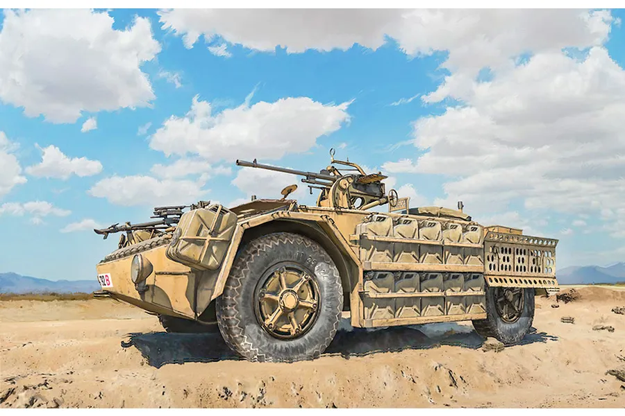 Painted box art illustration of an Italeri 1/72 AS 42 Sahariana armoured vehicle in a desert landscape.