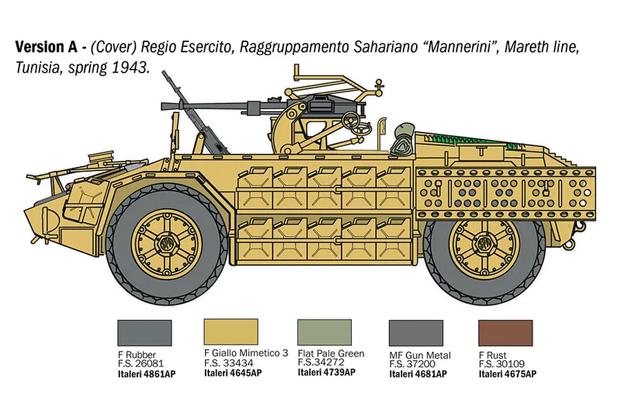 Colour diagram illustration of the Italeri AS 42 Sahariana armoured vehicle in Version A markings with paint reference swatches.