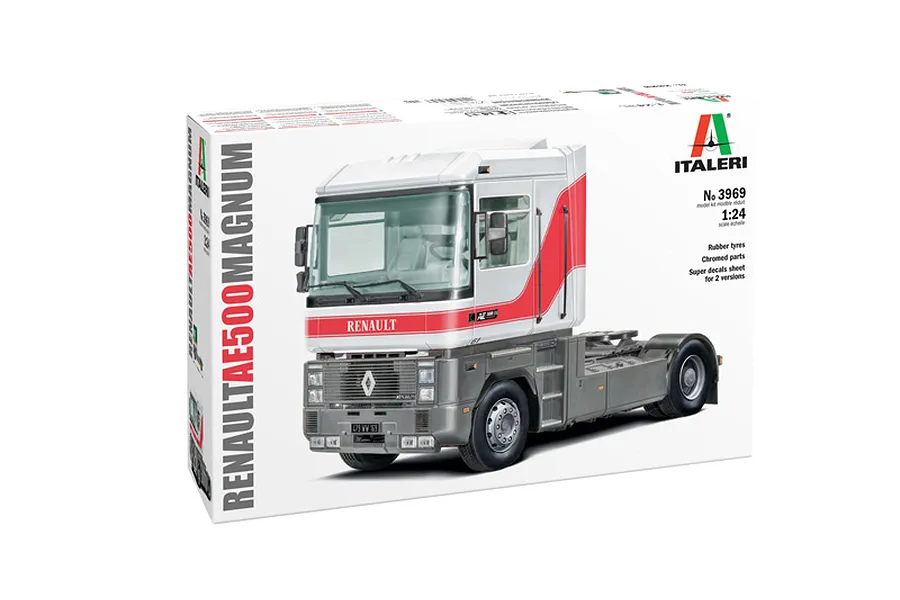 Italeri 1/24 scale Renault AE500 Magnum semi truck plastic model kit box showing the assembled truck.