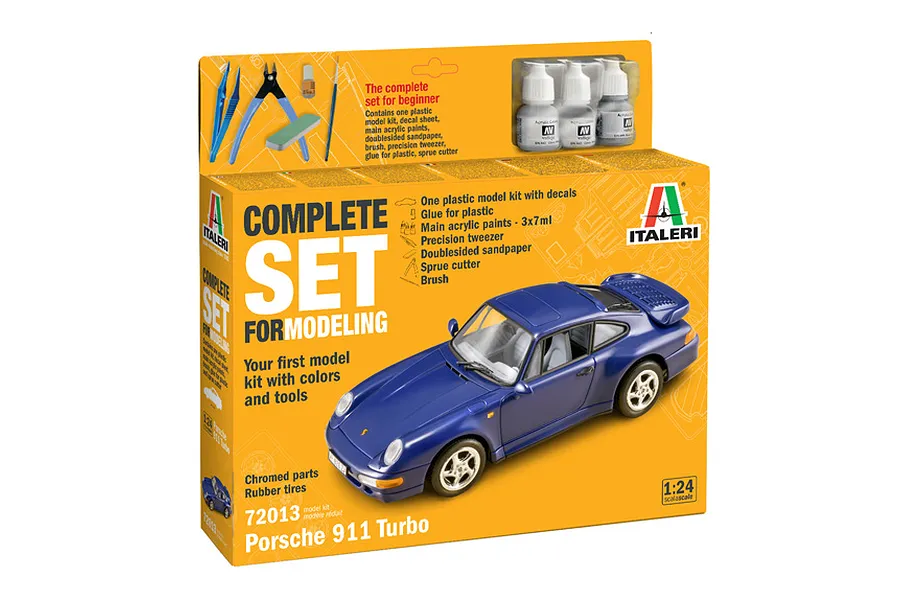 Italeri 1/24 Porsche 911 Turbo complete set model kit box showing a built blue model car and included tools and paints.