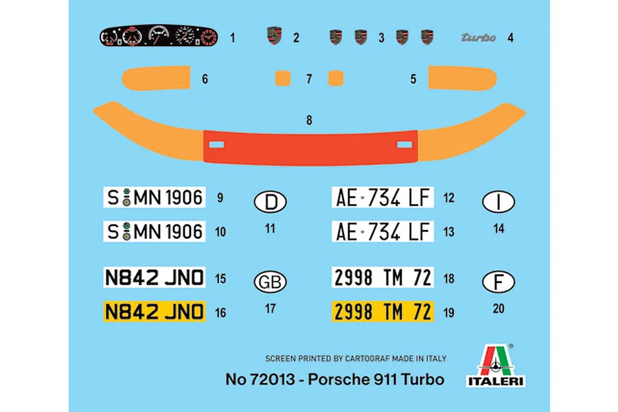 Model car decal sheet for Italeri 1/24 Porsche 911 Turbo featuring gauges, badges, license plates, and stripes.
