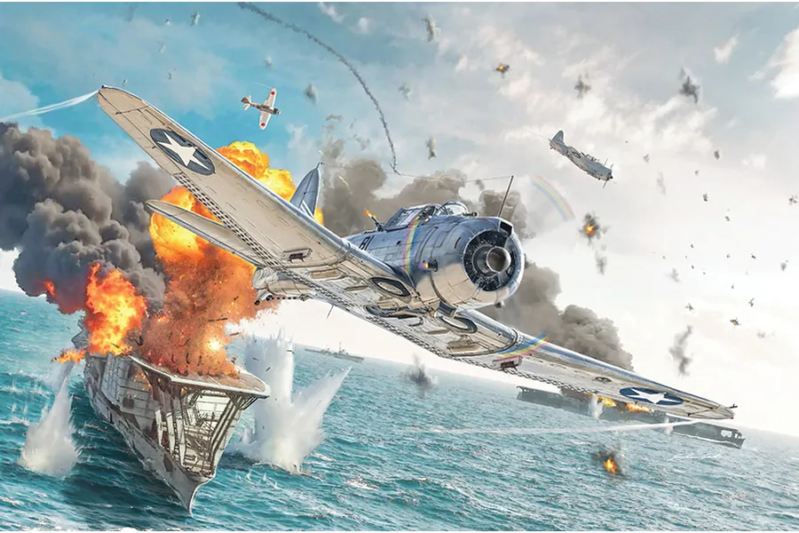 Dynamic box art illustration of a USN SBD-3 Dauntless dive bomber in aerial combat over an aircraft carrier explosion.