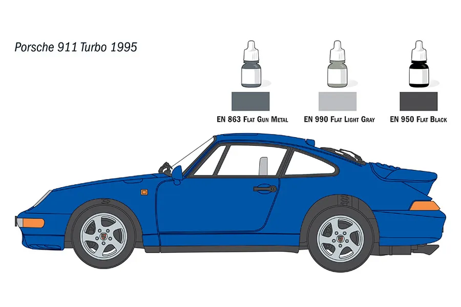 Illustration showing a blue Porsche 911 Turbo 1995 model car side view with recommended paint bottles and color swatches.