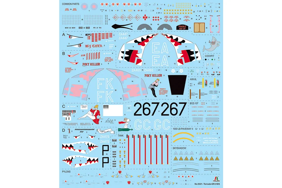 Model decal sheet for the Italeri 1/32 Tornado GR.1 Desert Storm model kit, featuring various markings, nose art, and stencils.