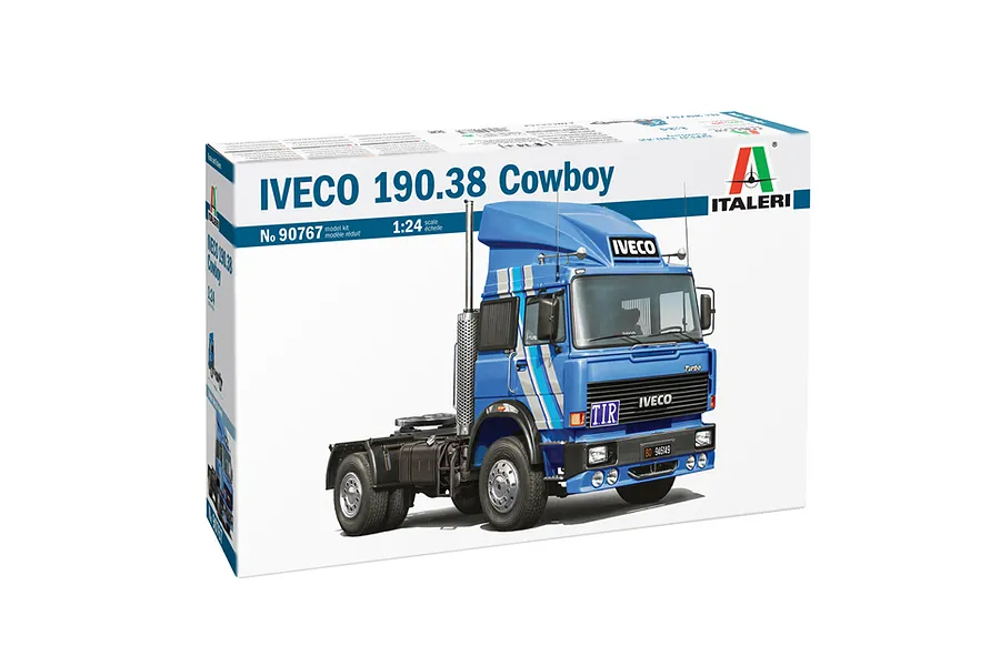 Italeri 1/24 scale IVECO 190.38 Cowboy semi truck plastic model kit packaging box showing the assembled blue truck.