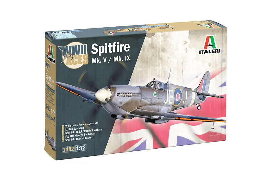 Product box for the Italeri 1/72 Spitfire Mk.V / Mk.IX Aces model kit featuring artwork of a Spitfire fighter plane.