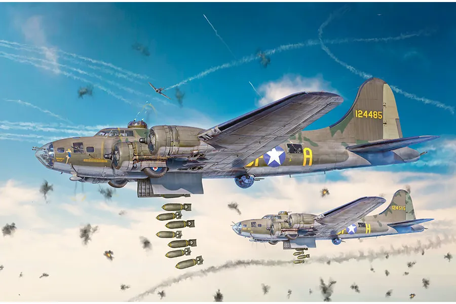 Painted box art illustration of two B-17F Flying Fortress bombers dropping bombs in flight amidst flak explosions against a blue sky.
