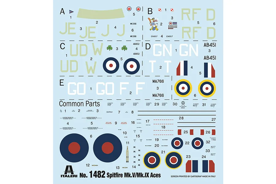 Italeri 1482 1/72 Spitfire Mk.V and Mk.IX Aces model kit super decal sheet featuring letters, roundels, and insignia.