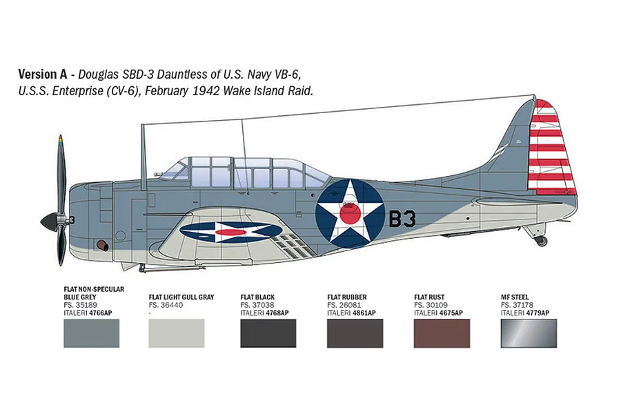 Diagram showing color scheme and markings for version A of the Italeri USN SBD-3 Dauntless model aircraft.
