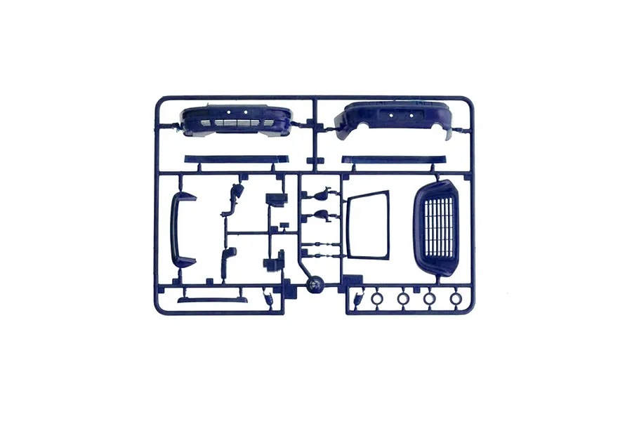 A dark blue plastic model sprue featuring various car parts on a plain white background.