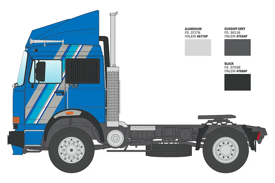 Profile illustration of an IVECO semi truck model in blue with grey and turquoise side stripes, accompanied by recommended paint color swatches.