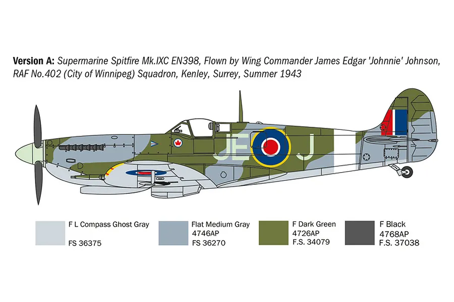 Colour scheme diagram for a Supermarine Spitfire Mk.IXC fighter plane in profile, detailing camouflage patterns and paint color references.