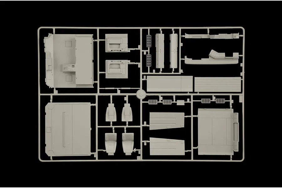 Grey plastic model parts sprue for Italeri Renault AE500 Magnum Semi Truck kit, featuring interior and cab components.