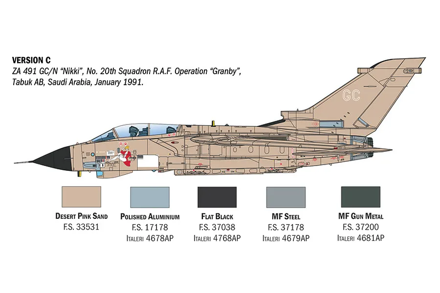 Painting guide diagram showing a side profile of a desert pink Tornado GR.1 jet with paint swatches and codes.