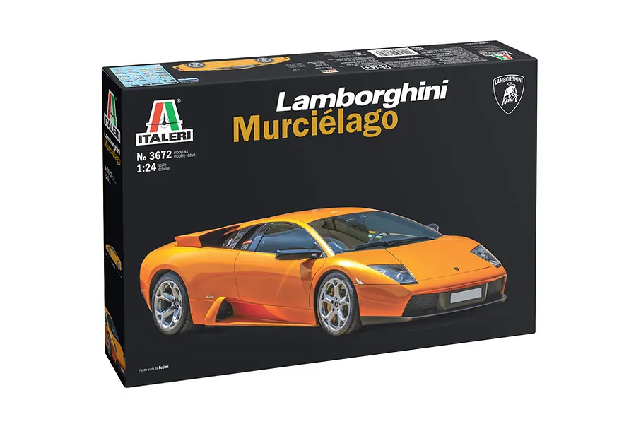 Italeri 1/24 Lamborghini Murcielago plastic model kit packaging box showing an orange supercar on the front.