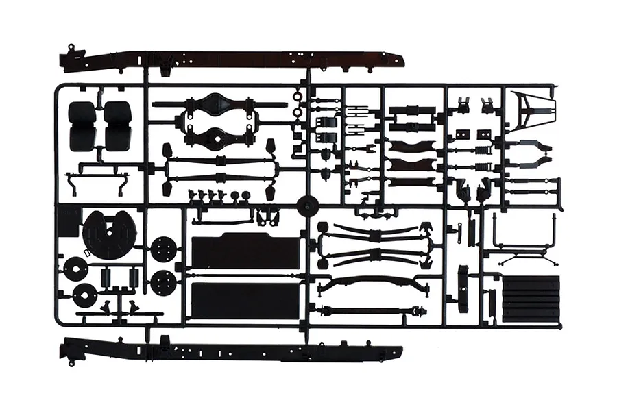 Black plastic model kit parts sprue featuring chassis rails, axles, and suspension components on a white background.