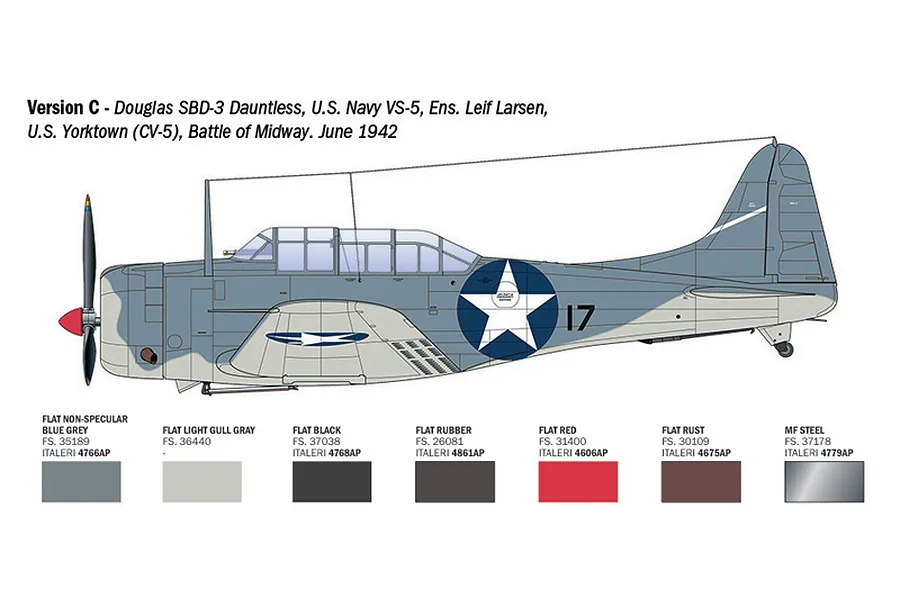 Illustration of a Douglas SBD-3 Dauntless aircraft in US Navy markings with paint colour swatches listed underneath.
