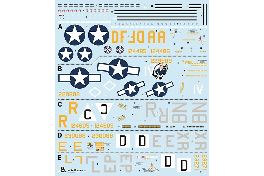 Model aircraft decal sheet for Italeri 1/72 B-17F Flying Fortress bomber featuring national insignia, squadron codes, and nose art markings.