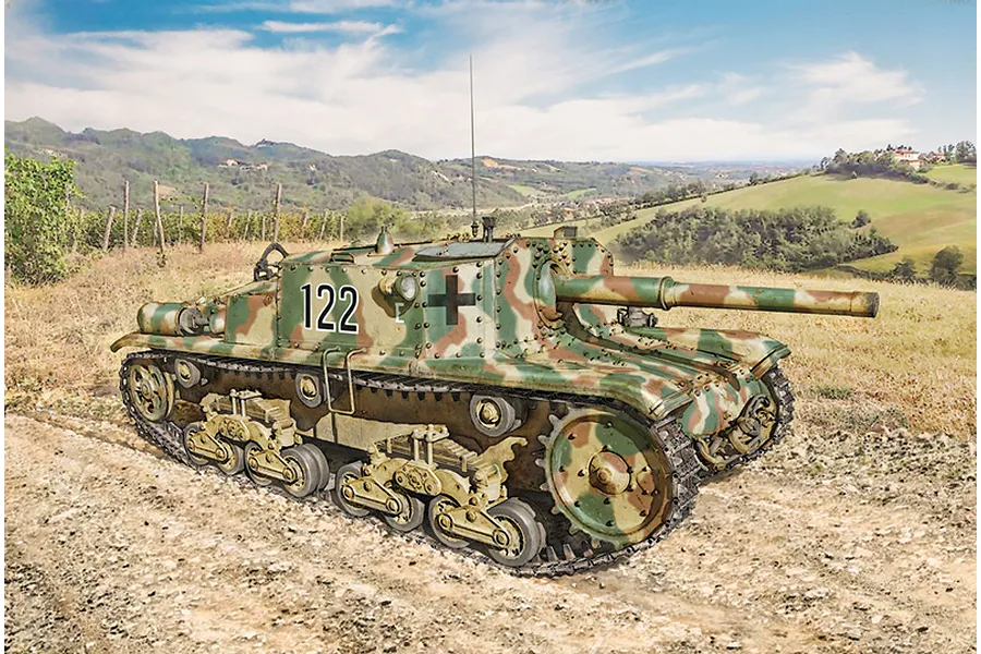 Artwork of an Italeri 1/35 Semovente M42 da 75/34 tank model with camouflage in a field.
