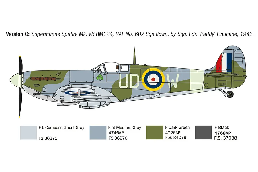 Colour profile diagram of a Supermarine Spitfire Mk.VB fighter plane with camouflage pattern, markings, and paint reference swatches.