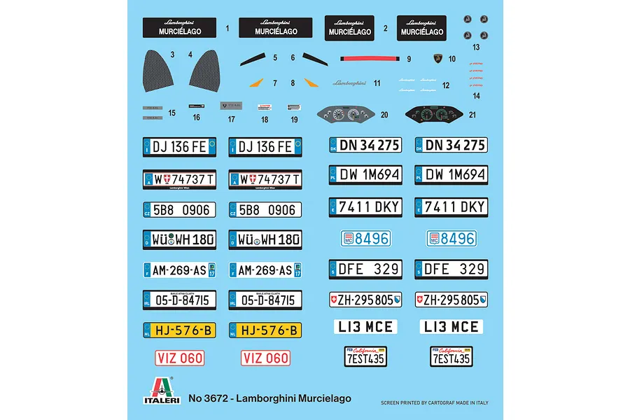 Water slide decal sheet for Italeri 1/24 Lamborghini Murcielago model kit featuring various license plates and dashboard graphics.