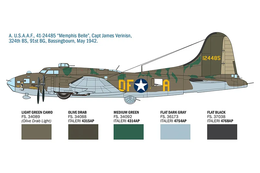 Painting guide profile and colour swatches for the Memphis Belle B-17F Flying Fortress bomber model.