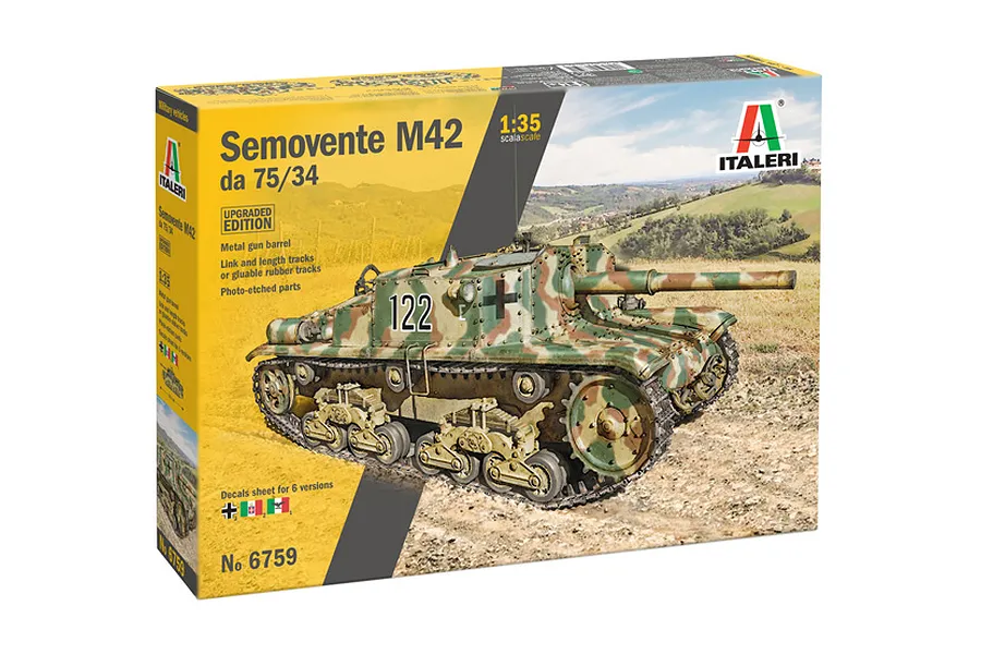 Italeri 1/35 Semovente M42 da 75/34 Tank plastic model kit packaging box showing artwork of the tank.