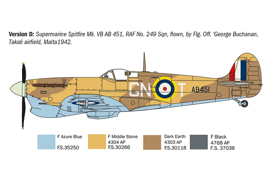 Colour profile illustration for Version D Supermarine Spitfire Mk. VB from the Italeri 1/72 model kit.