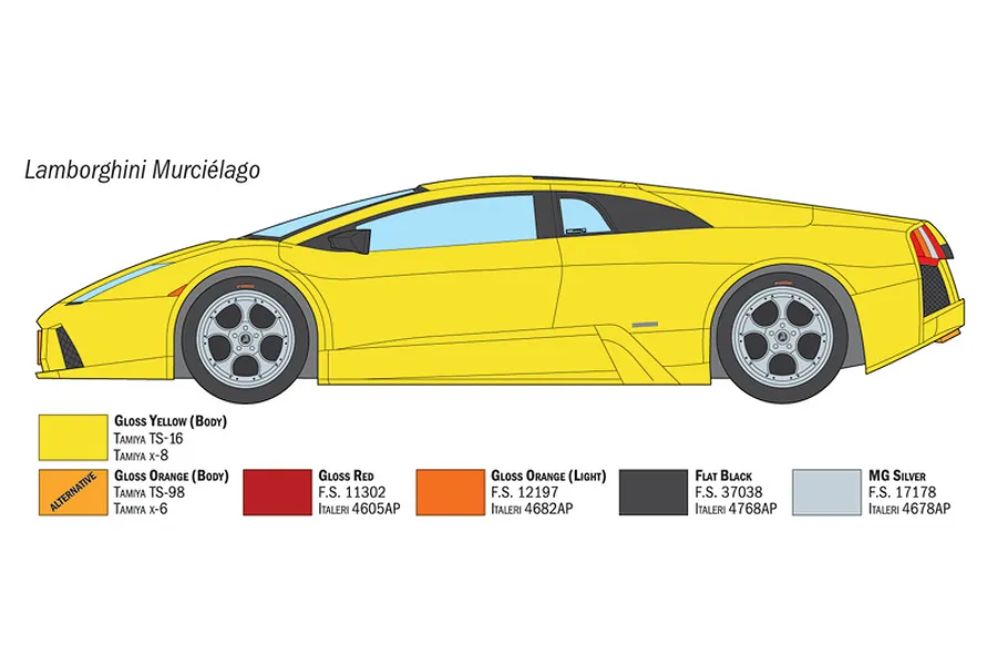 A technical diagram of a yellow Lamborghini Murcielago side profile with recommended paint color swatches below.