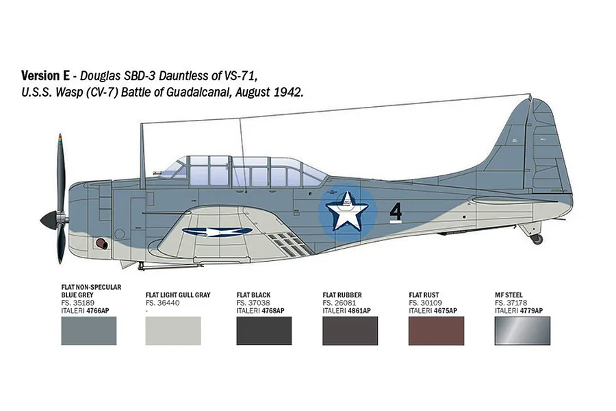Colour and markings guide diagram for Version E Douglas SBD-3 Dauntless of VS-71, showing blue grey and light gull gray camouflage with paint swatches.