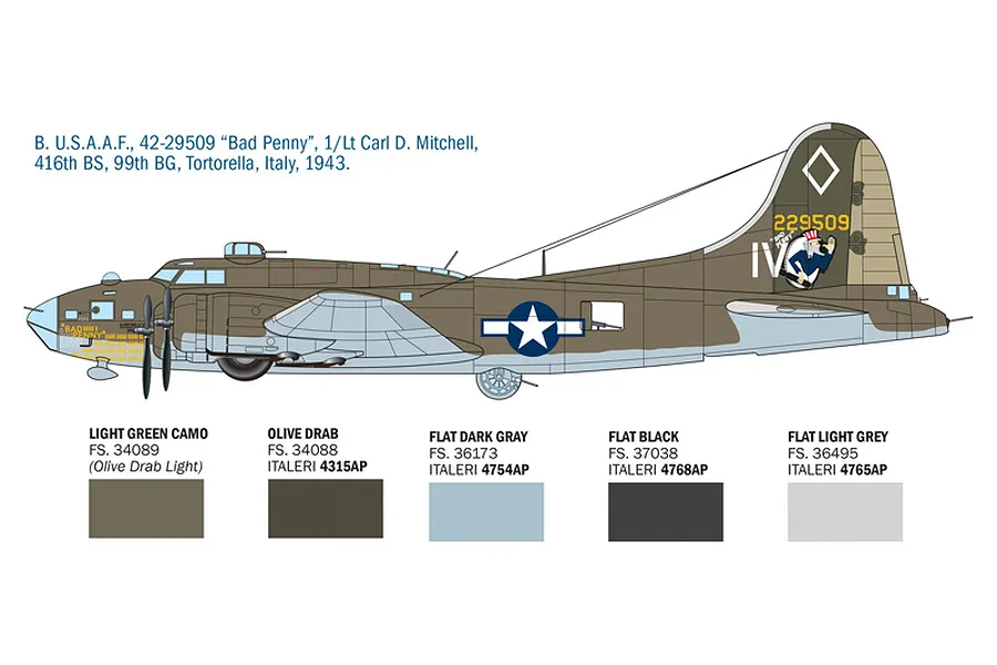 Painting guide diagram showing side profile of a B-17F Flying Fortress bomber with Bad Penny livery and color swatches.